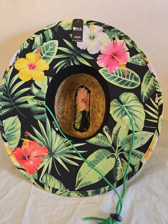 Straw Beach Sun Hat with Green Trim and Floral Patch New With Tag - Picture 5 of 7